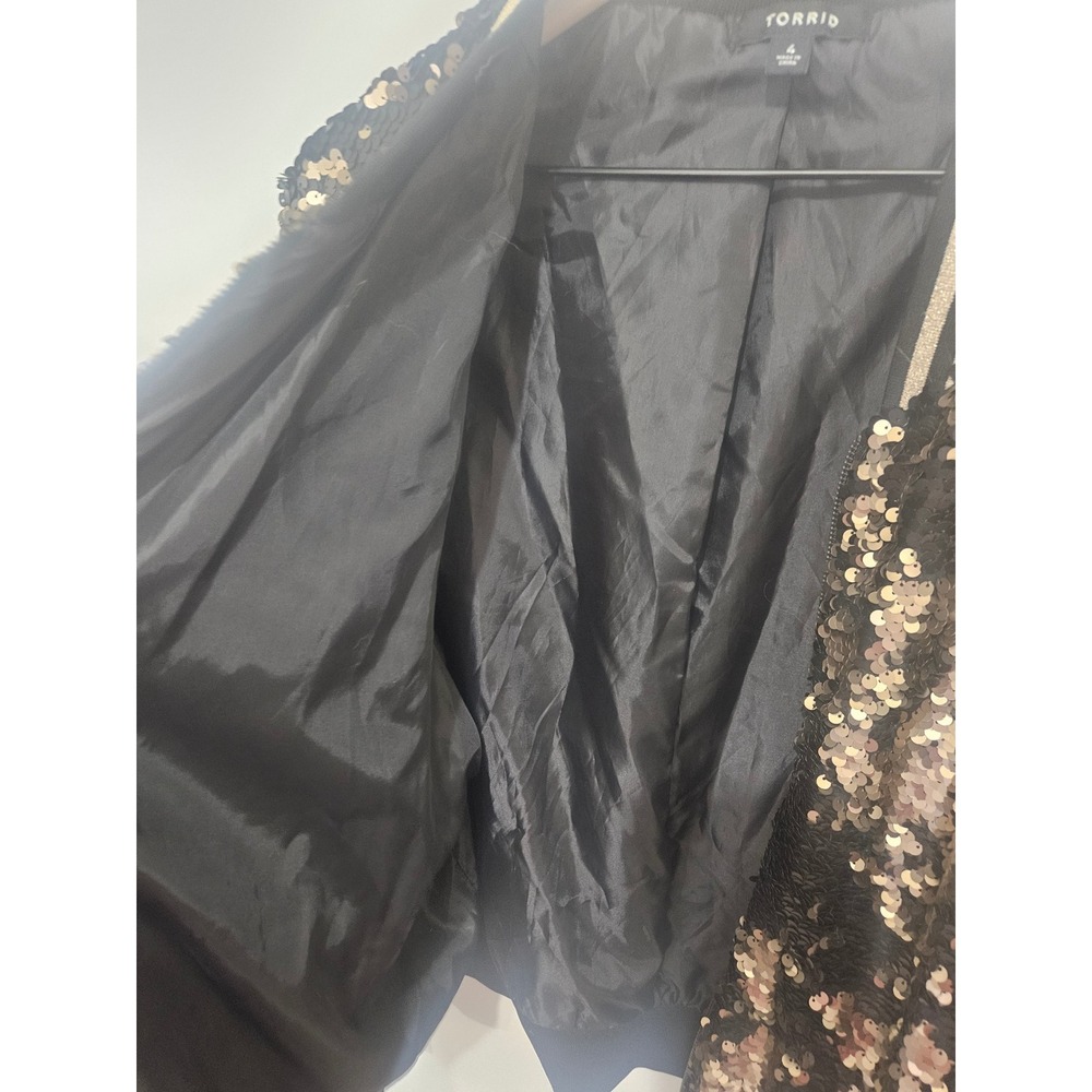 Torrid Womens Black Gold Sequin Bomber Jacket Size 4 Plus Zip Up Holiday Party - Picture 3 of 7